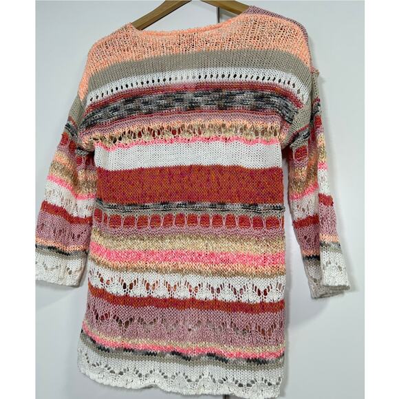 LaSeine Women’s M 3/4 Sleeve Open Knit Sweater Boho Multicolor Pink Cream‎ - Picture 6 of 9